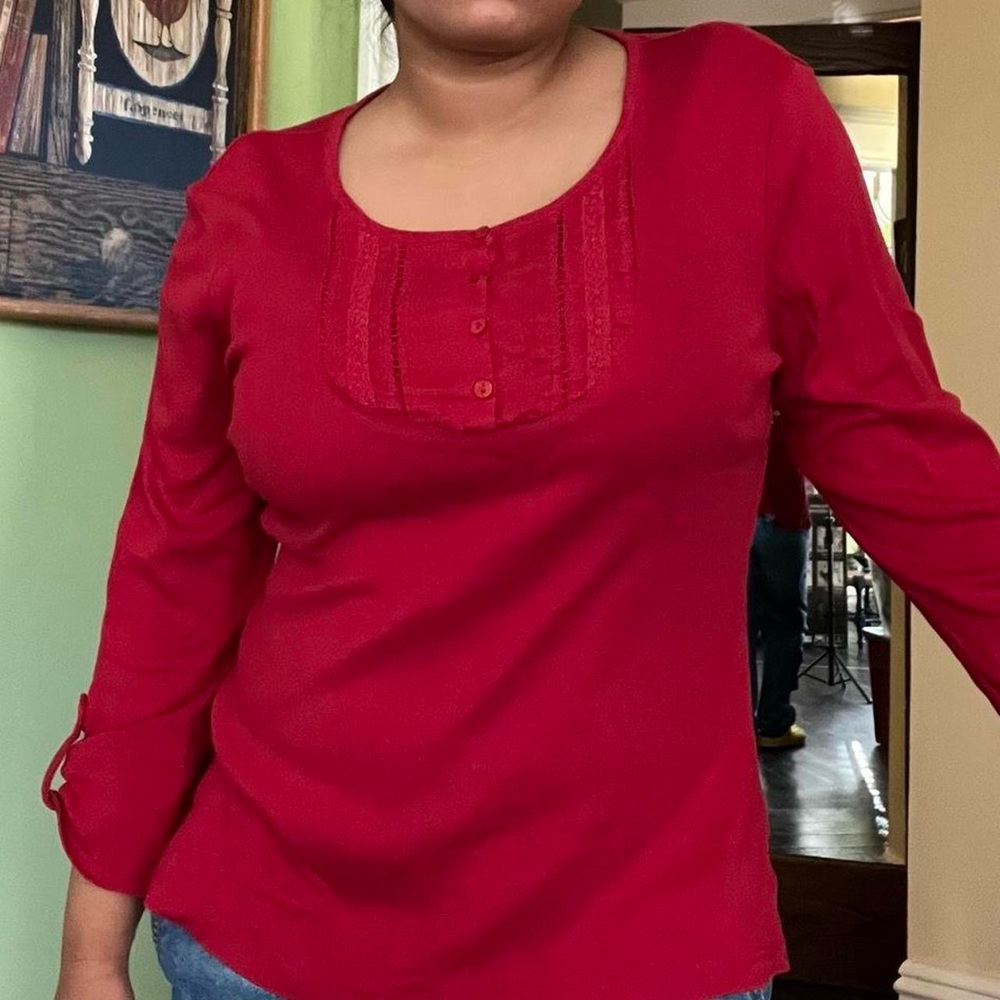 Dark red frilly pleated long sleeve top